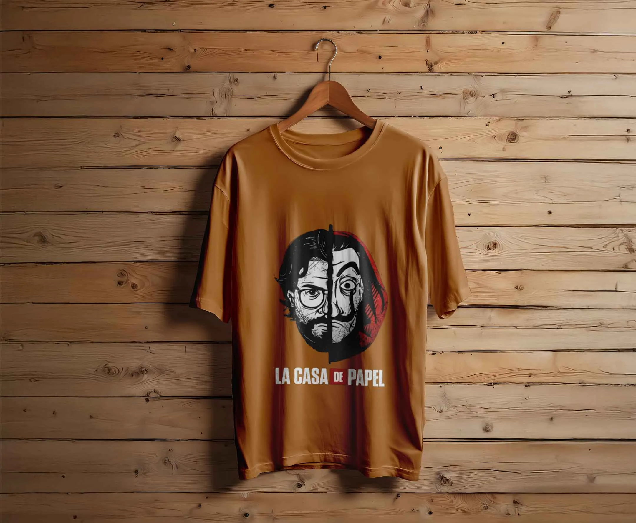 Brown colour option for The Mastermind – Money Heist Split Graphic Premium Tee