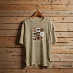 Desert Sand Beige colour option for Leopard Print Hearts Patchwork “Love is all around you” Graphic T-Shirt
